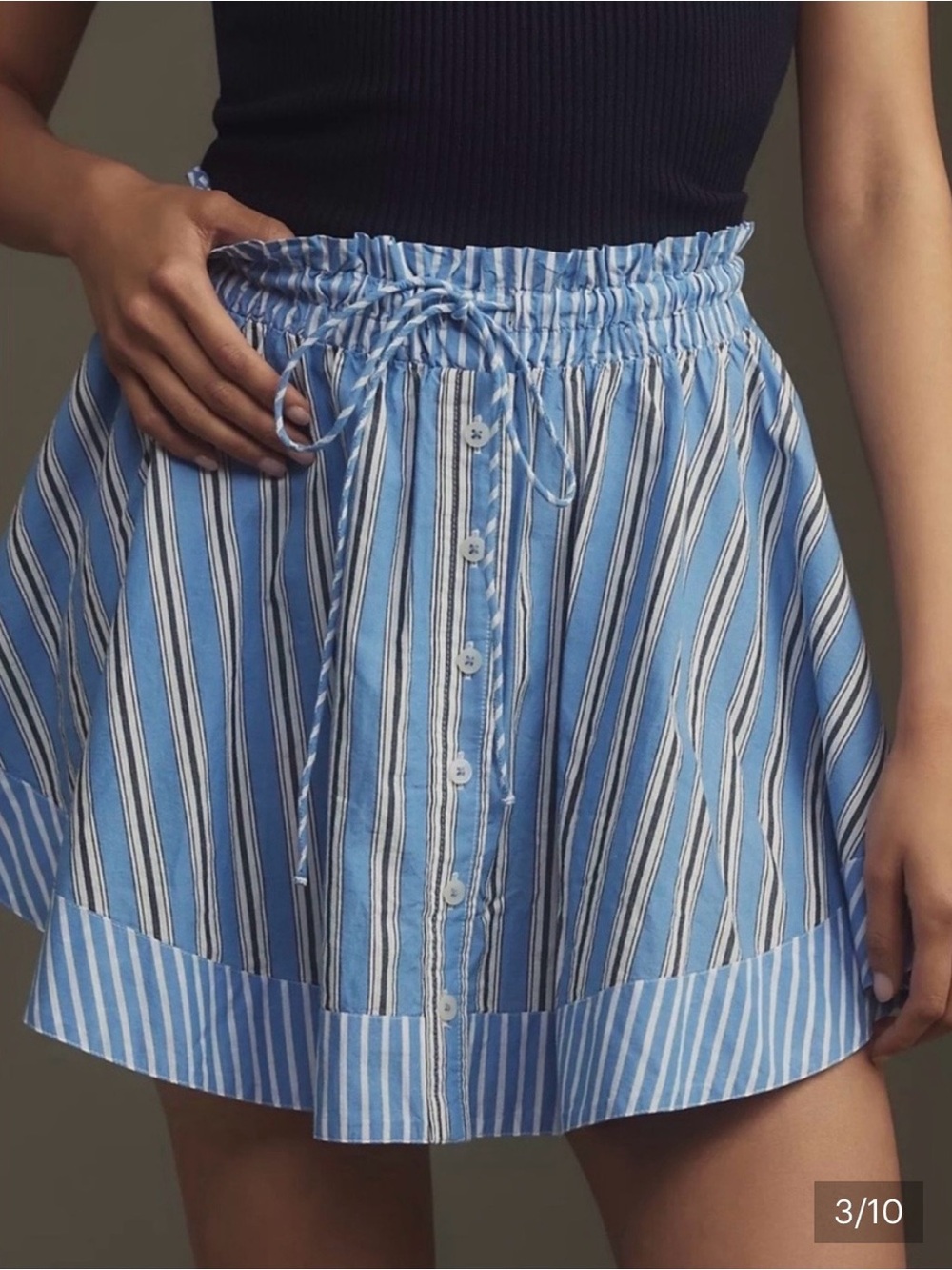 Anthropologie Blue & White Striped Button-Front Drawstring Skort